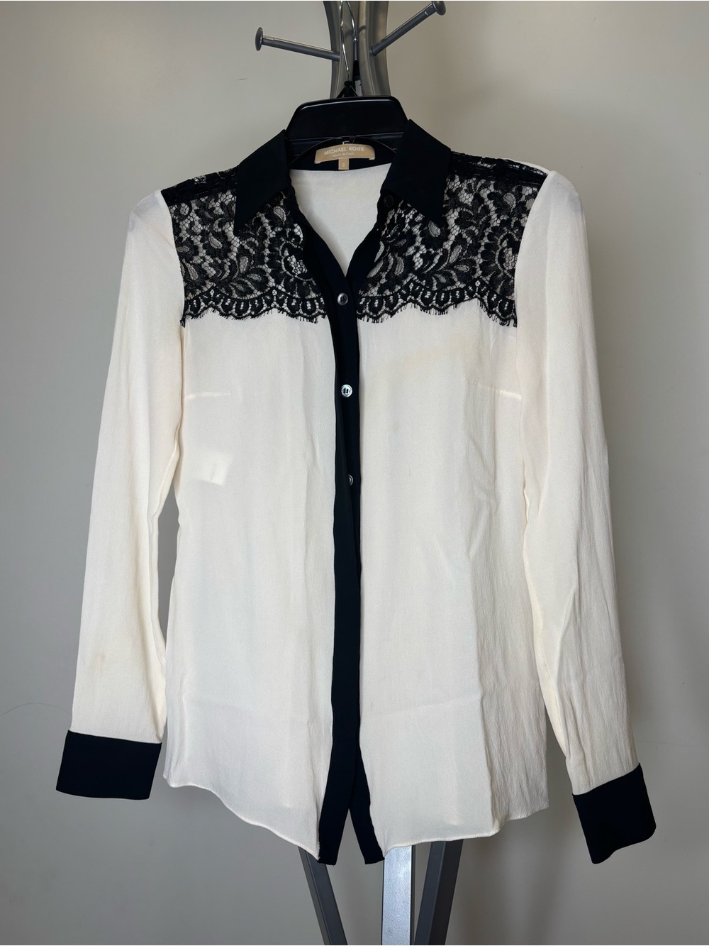 Michael Kors Collection Silk Lace-Yolk Blouse Runway Cream Black Sz 0